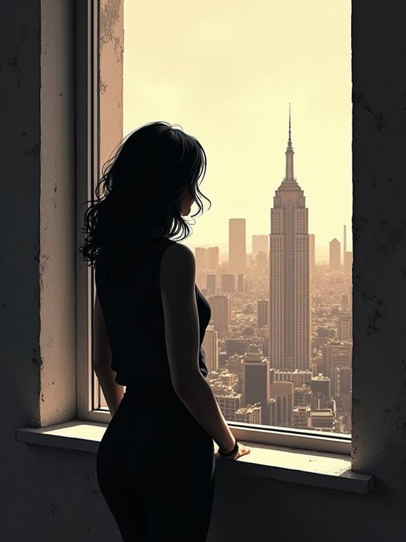 Illustration of a woman with black hair looking out the window. The woman is seen from behind in an animated style. The view shows various buildings including a tall structure like the Empire State Building.