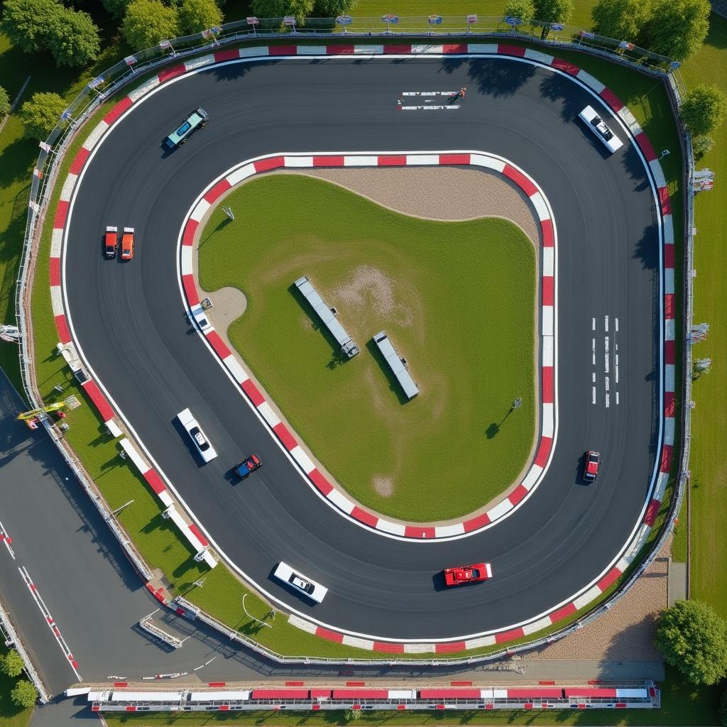 Aerial view of a racing track layout. Includes long straight sections and hairpin turns. Features green grass, gravel traps, safety barriers, pit lane, grandstands, trackside flags, advertisements. Captures a busy scene of cars racing.