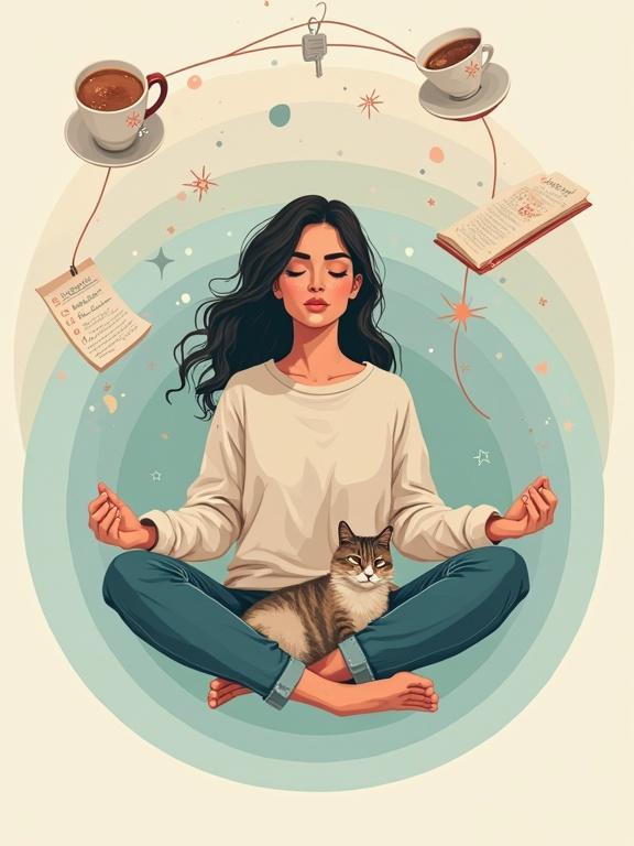 Surreal vector illustration of a young woman floating in lotus position in casual jeans and sweater. She has a sleeping cat in her lap. Her calm expression is contrasted by visible cracks in her eyes. Background features layered circular graphics in muted colors with a ripple effect. Thin red strings connect fragile objects like a teacup and a key. Hair floats upward. Typography says, 'I’m holding it together. Loosely.'