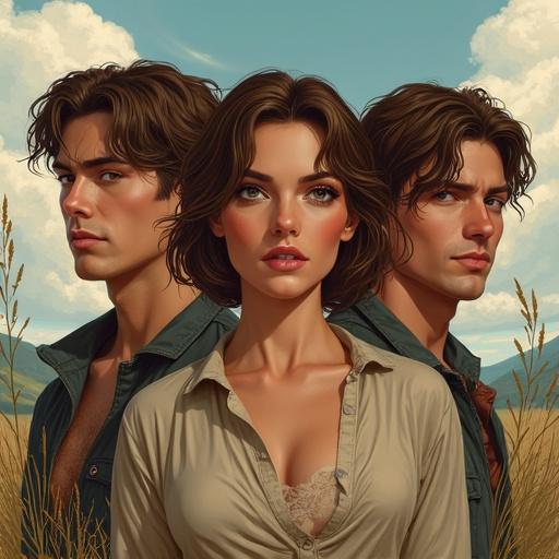 Illustration of a young woman with short brown hair and brown eyes between two handsome young men in a medieval fantasy landscape