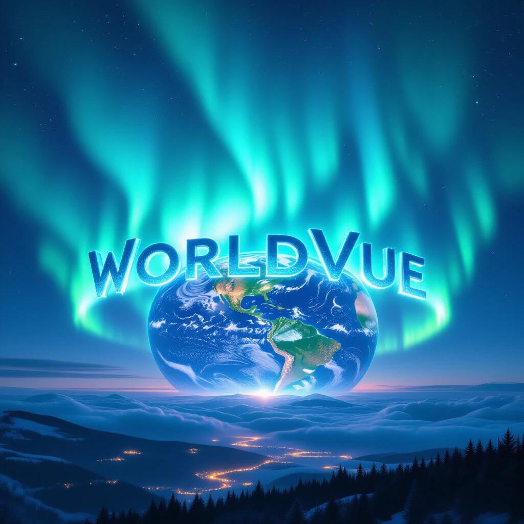 A surreal landscape features the word WorldVue made of aurora borealis emanating from Earth. Below, city lights twinkle amidst natural landscapes. The aurora bathes everything in green, purple, and blue hues. Long exposure photography captures the majestic beauty of our planet.