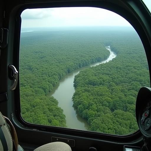 Aerial view from inside a helicopter showing the Amazon rainforest. A winding river flows through dense green trees and foliage under cloudy skies.