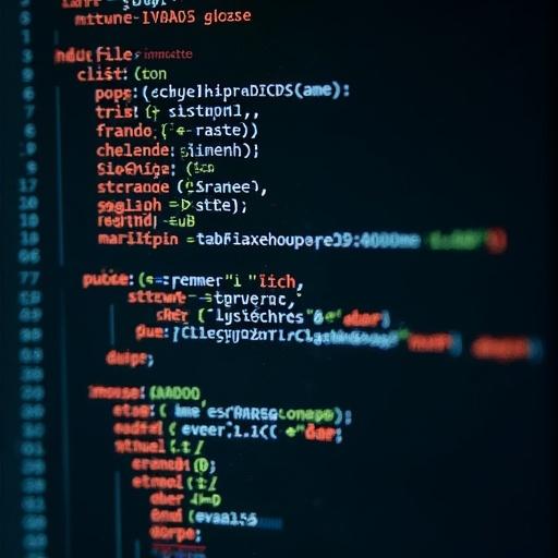 Close-up of a computer screen with lines of code. The code includes various programming language syntax. Emphasizes technical aspects of coding and digital communication.