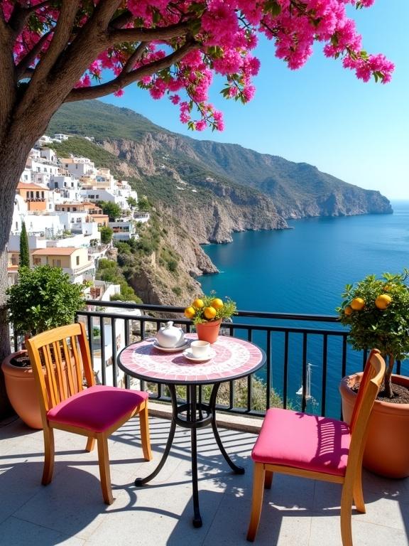 Patio setup in coastal village. Round table with pink and white mosaic tile. Two wooden chairs with pink cushions. White teapot and cups on table. Potted lemon tree adds color. Large pots with lemon trees. Bougainvillea tree blooms above. Cliffside village visible in background. Deep blue sea and rugged cliffs enhance view.