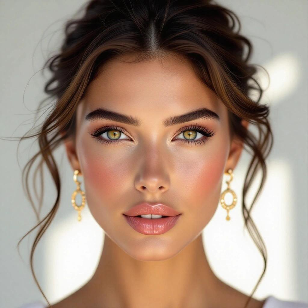 Ultra-detailed portrait of a beautiful woman with symmetrical features. Soft expression with glossy lips and warm glowing skin. Sharp cheekbones and intricate earrings. Elegant hairstyle with cinematic lighting. High contrast photo with dramatic shadows. DSLR image with shallow depth of field.