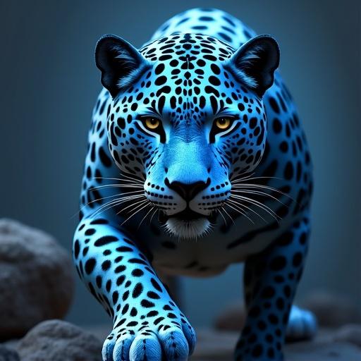 Jaguar standing on two legs showcasing imposing physique frontally wearing a blue V-neck t-shirt with light blue collar and short sleeves with edges in light blue.