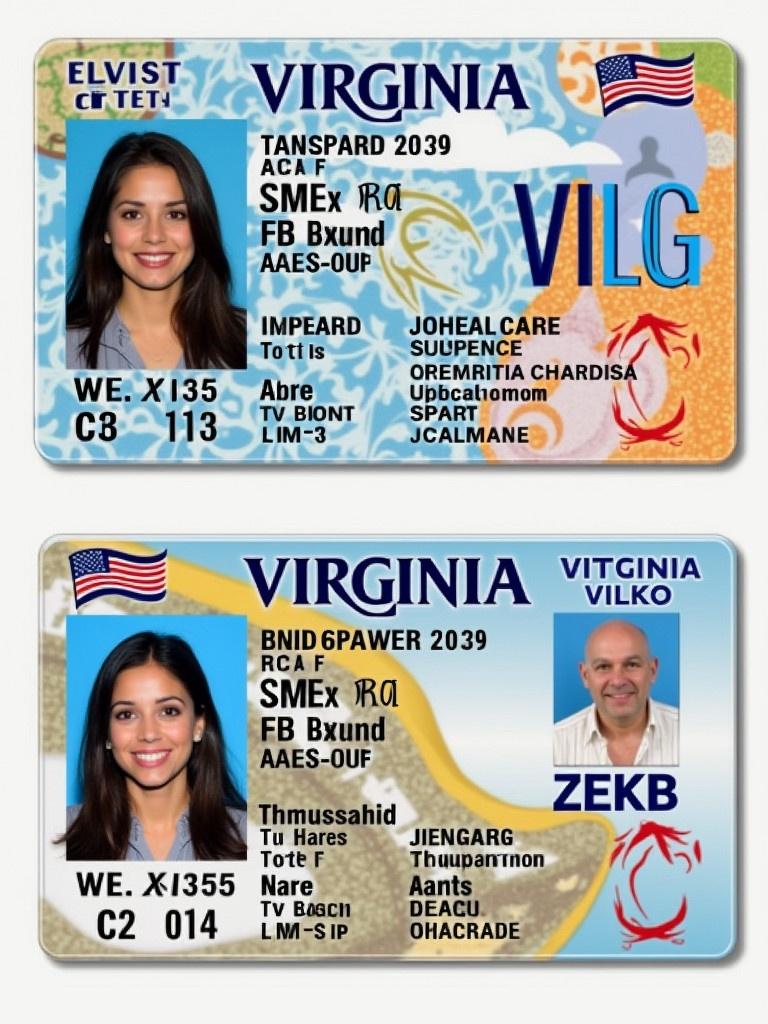 Design a Virginia driver's license. Include standard ID features. Use bright colors and unique elements. Ensure clarity without visible personal information.