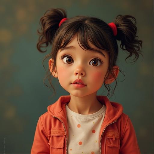 Generate a 13-year-old girl greeting. She has pigtails and is wearing a casual outfit. The background is muted and simple, focusing on her expression.