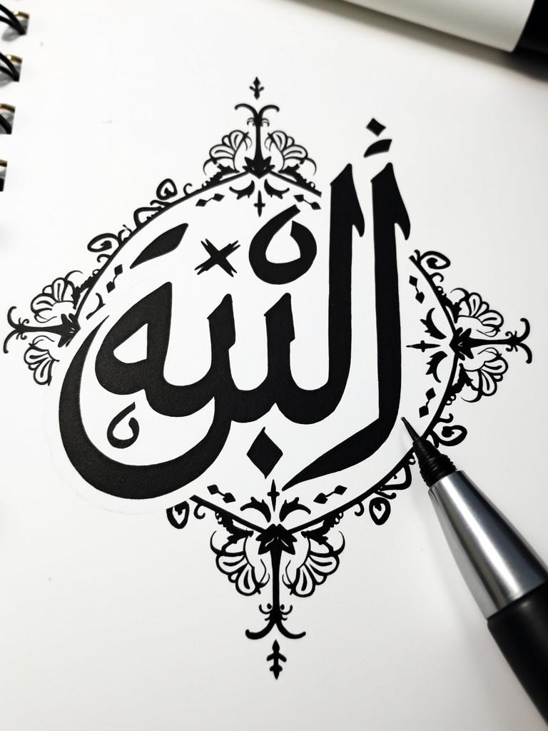 Arabic calligraphy created with bold black ink on white paper. Artistic designs surround the main calligraphy. Soft lighting highlights the strokes. The word Alekya is to be written.