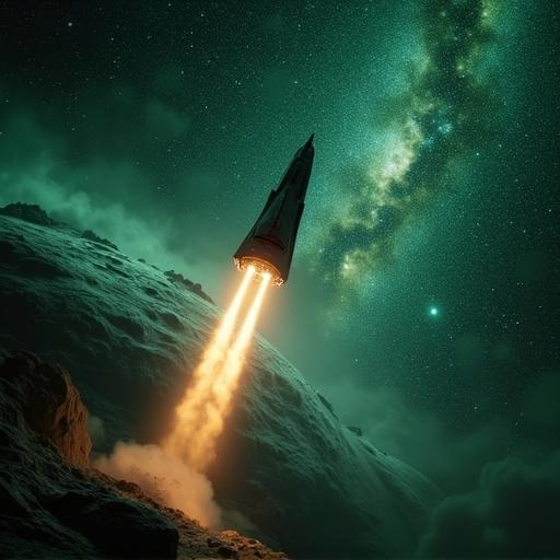 Dramatic wide shot of a rocket launching from the Ark spacecraft into space. Targeting the lush green planet Xylos. Adventure and energy are present. Cinematic style with metal gleaming in starlight. Thrill of exploration against a starry background.