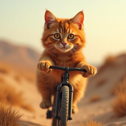 Ginger fluffy cat with orange eyes riding a bike in a desert setting. Cat focused and cheerful. Warm sunset background. Soft, sandy landscape around.