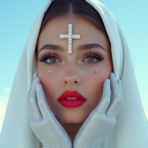 Close-up portrait of a woman facing the camera. Woman wearing a white hood with silver gloves. Large diamond cross on forehead. Diamond teardrops under eyes. Long eyelashes and red lipstick. Background is blue sky.