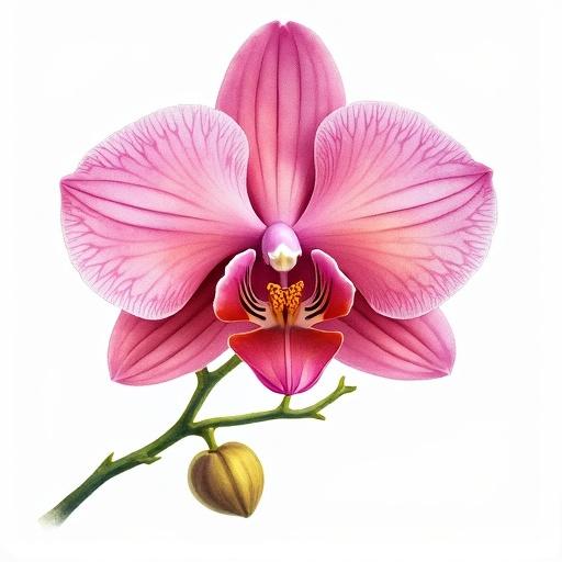 Colorful watercolor drawing of an orchid with delicate petals and green stem