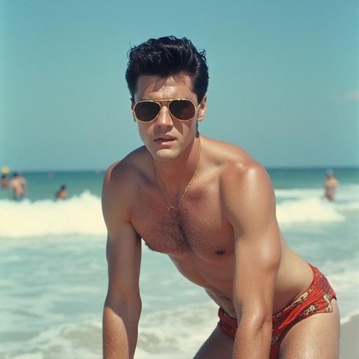 Man with sunglasses posing on beach. Bright sun, ocean waves in background. Brown tanned skin, well-defined physique. Wearing red shorts, showcasing retro beach style.