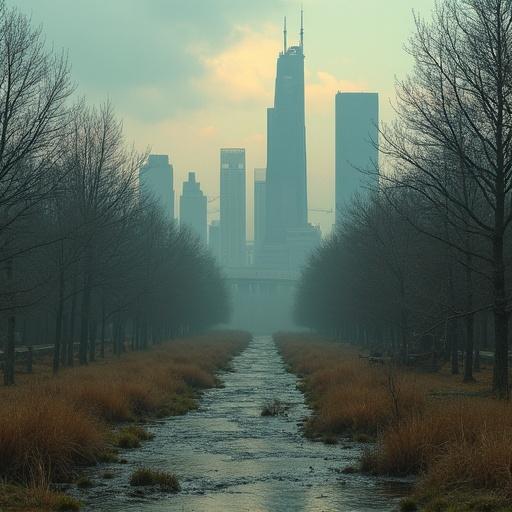 Post apocalyptic city park with shadows of buildings. Fog covers the ground. A stream runs through the park with overgrown grass on the sides. Skyscrapers loom in the background. Trees are bare of leaves.