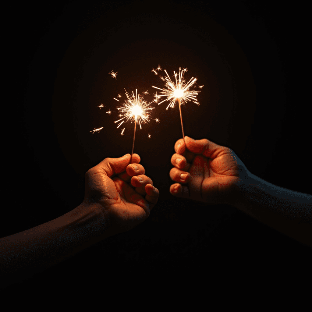 Two hands hold sparklers against a dark background, creating a bright and festive display of light.