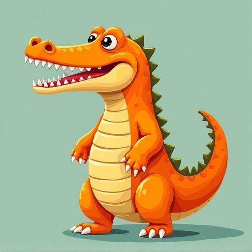 Illustration of a cartoon hybrid character with the body of an orange and the head of a crocodile. The character has big cheerful eyes and a friendly expression. It stands with a joyful pose on a soft green background.