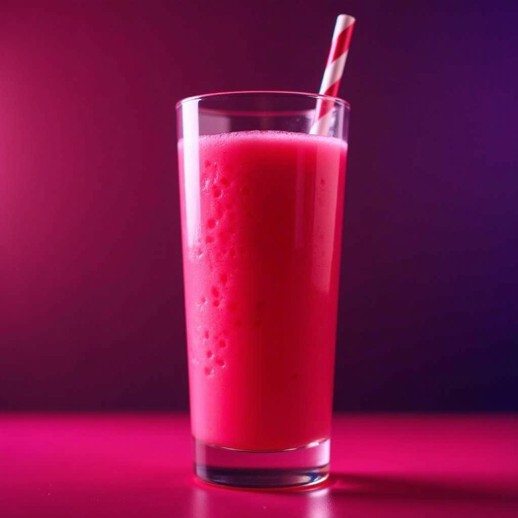 Light red smoothie in a glass with strawberries. Bright background with purple lights. Smoothie appears creamy and refreshing. Strawberries placed nearby.