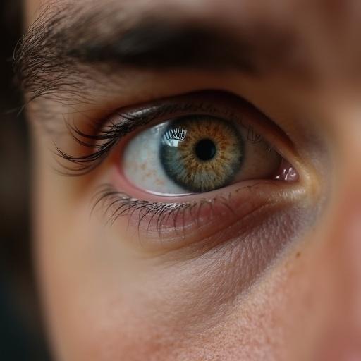 Close-up of a man's beautiful eye. Half face is shown. Reflection in the eye shows his old and younger self. Young self looks happy and innocent. Eye color shows depth and complexity.