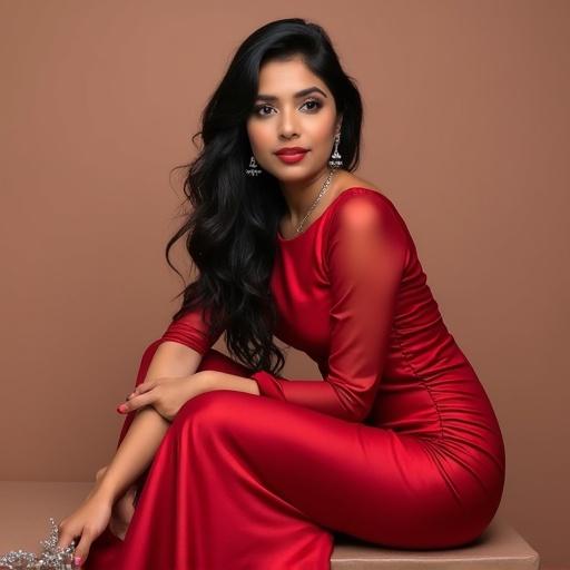 Traditional Indian girl in red satin bodycon dress with high slit sitting confidently. Long black hair. Minimal elegant makeup. Silver heels and earrings. Radiating charm and boldness.