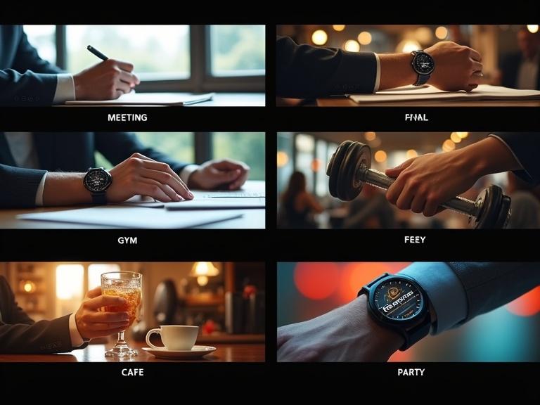 Five panels showing a hand with a stylish watch in various settings. Panel one features a meeting with documents and a pen. The second panel shows the hand in a gym holding a dumbbell. The third panel displays the hand holding a coffee cup in a café. The fourth panel presents the hand with a drink in a party setting. The final panel highlights a close-up of the watch with the logo and slogan.