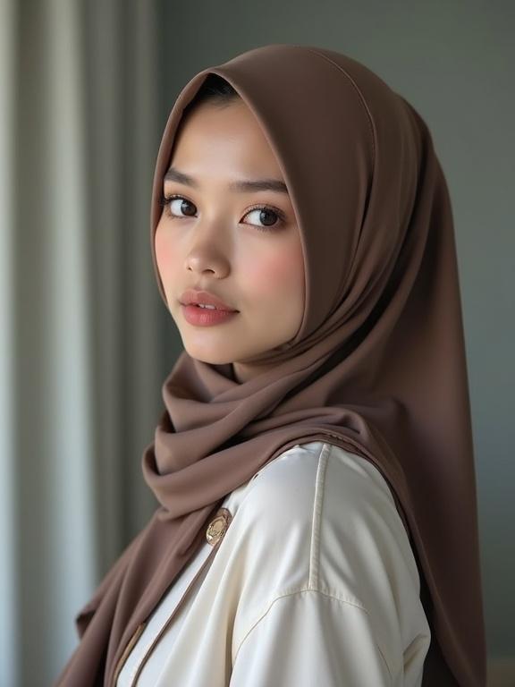 Portrait of a girl with a hijab and natural makeup. Brown hijab draping over her shoulders. Soft expression with clear eyes. Neutral background highlighting her features.