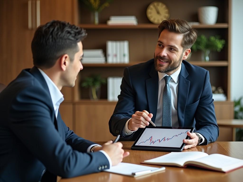 The image captures a professional meeting between two men in suits. One man is presenting information on a tablet, showing a graph. They are seated at a wooden table in a modern office setting. The background features shelves with books and decorative items. The lighting is natural and warm, creating an inviting atmosphere. Both individuals appear engaged in conversation, reflecting a positive business interaction.