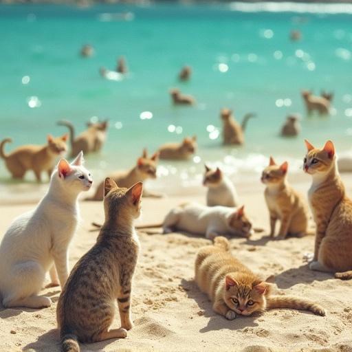 Hyper-realistic beach scene with turquoise waters golden sand and humanoid cats playing and relaxing in a lively atmosphere