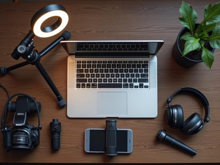 Top view of a content creator's setup. Camera, ring light, microphone, tripod, laptop, smartphone gimbal, headphones arranged on a desk.
