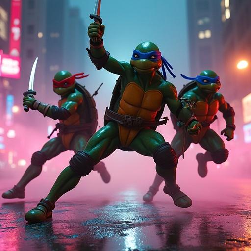Four female versions of Teenage Mutant Ninja Turtles mid-battle in a neon city. Each ninja has unique weapons and personalities. Dynamic fighting stances with motion blur. Glossy armor and wet asphalt reflecting lights. Stylized realism with vibrant colors.