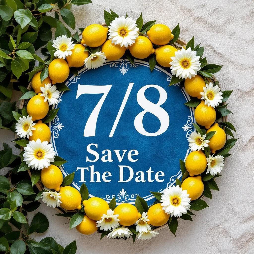 A wreath made of yellow lemons and white flowers surrounds a blue sign. The sign reads '7/8 Save The Date'. The scene is bright and cheerful. It suggests a Greek tavern party theme. Emphasis on lemons and floral elements.