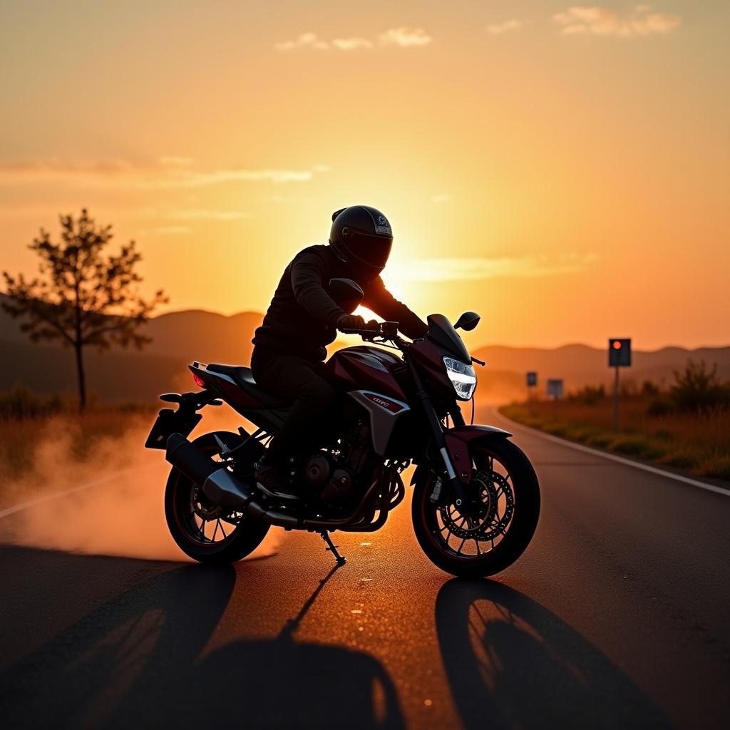 Rider on a motorcycle in full gear against a sunset background. Motorcycle creates dust while moving. The image captures a dramatic silhouette of the rider.