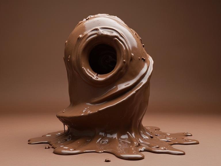 A melting mound of chocolate resembling a surreal sculpture. The scene has a minimalistic background emphasizing the chocolate texture. The appearance creates an optical illusion giving a whimsical feel.