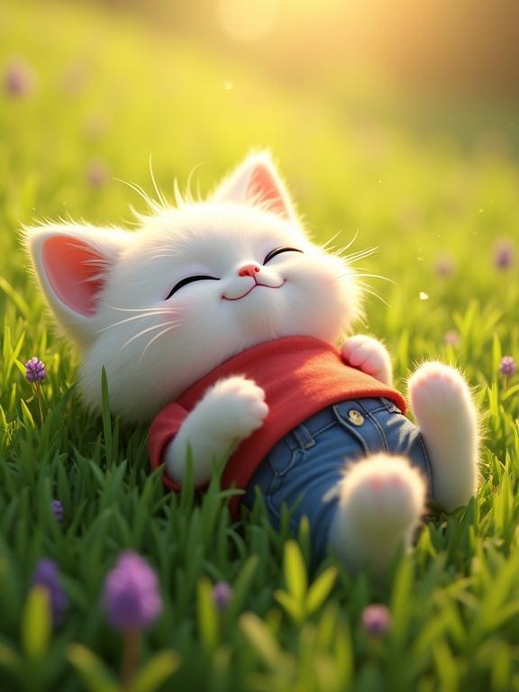 A cute fluffy white anthropomorphic cat lies on its back in green grass. The cat wears a red t-shirt and blue jeans. One eye is closed in a happy wink. The mouth is open in a contented smile. Warm golden sunlight creates a peaceful atmosphere. The background has green grass and purple wildflowers. High-quality 3D digital illustration in Pixar animation style.
