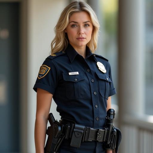 Blonde female officer in police uniform stands confidently. Serious expression. Police badge visible. Government building in background.
