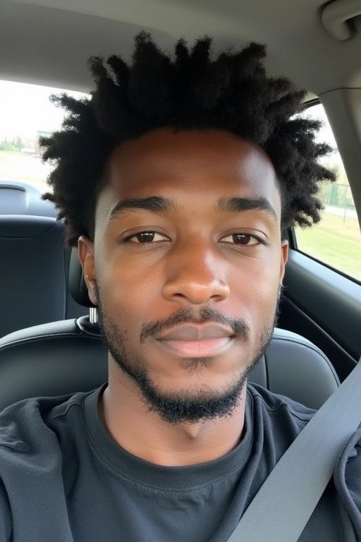 A young man with natural hairstyle is sitting in a car. He has a confident expression and is wearing casual clothing. The background shows an interior of a vehicle.