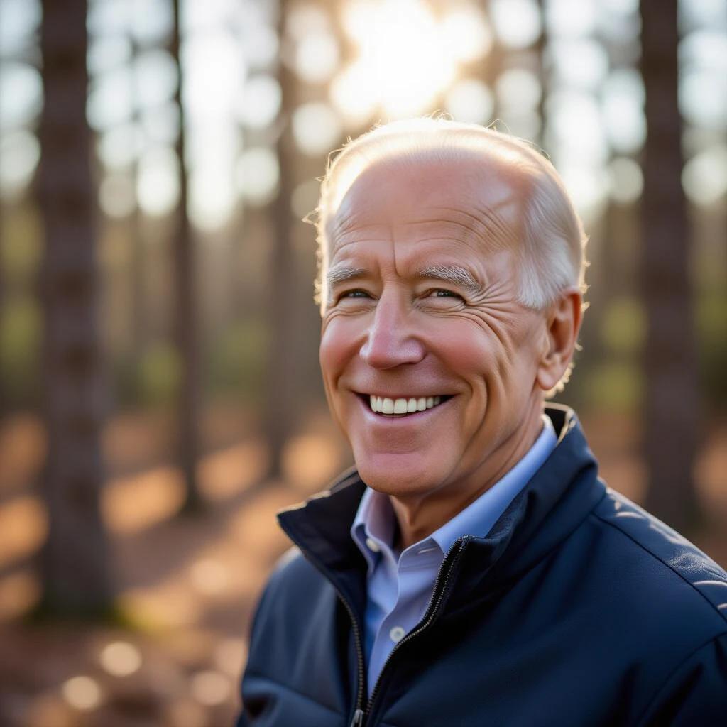 A close-up photo of an older man smiling in the forest with sunlight behind him. The background features tall trees and a soft focus effect, creating a warm and inviting atmosphere.