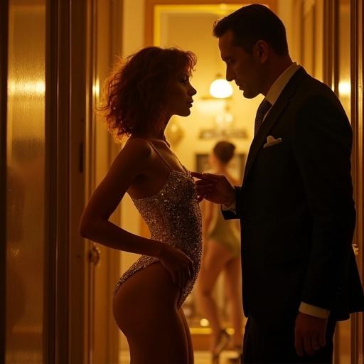 In a private nightclub in Bangkok, a striking transgender dancer twirls in a sequined bodysuit. High heels glint under the light. A tall man in a sharp suit watches her. Tension fills the air. She pauses, fingers on her collarbone, inviting him. A mirror reflects another dancer in a silk robe. Lighting alternates between soft gold and harsh phone glow. The moment is intimate yet entangled.