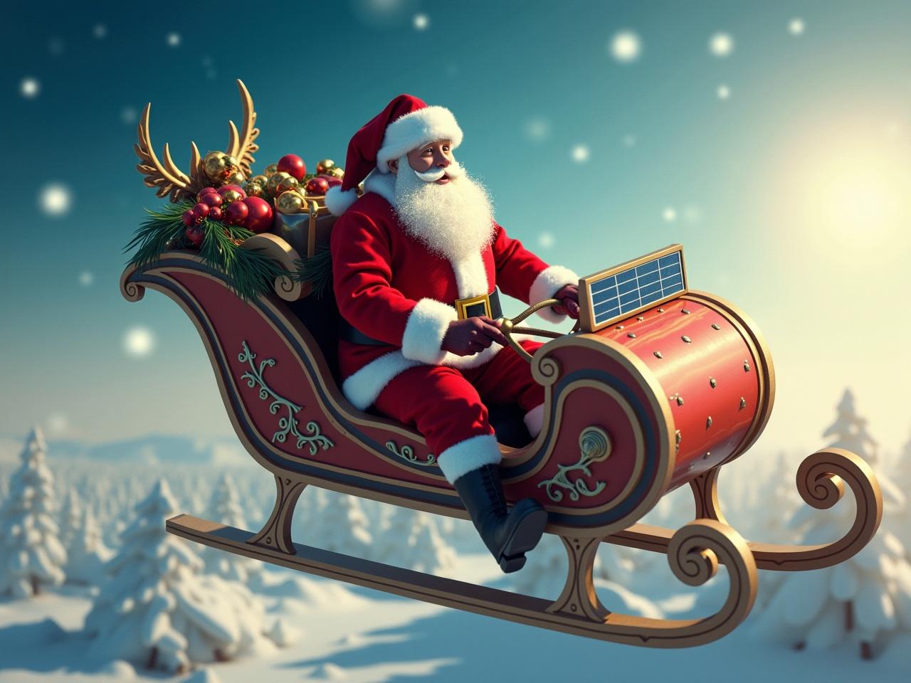 Santa Claus flying in a futuristic sleigh equipped with a solar panel. Snow-covered landscape below. Magical winter setting with soft lighting.