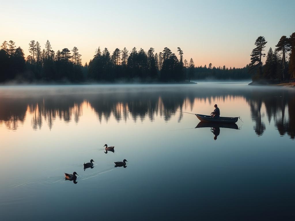 A serene lake scene captures the early morning calm as a lone person in a rowboat sits quietly fishing. The water is like a mirror, reflecting the silhouette of the surrounding trees and the soft pastel colors of the sunrise. A family of ducks glides effortlessly across the water, adding a touch of life and movement to the tranquil setting.