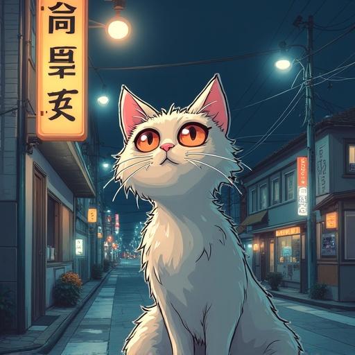 A white cat with big eyes stands on a quiet street at night, illuminated by streetlights. The scene captures an atmospheric Japanese urban setting with traditional architecture.
