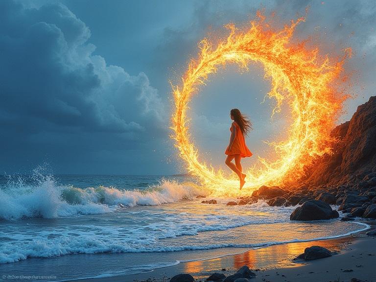 A girl in a red dress leaps through a flaming hoop on a beach. Waves crash against rocks while dark clouds linger above.