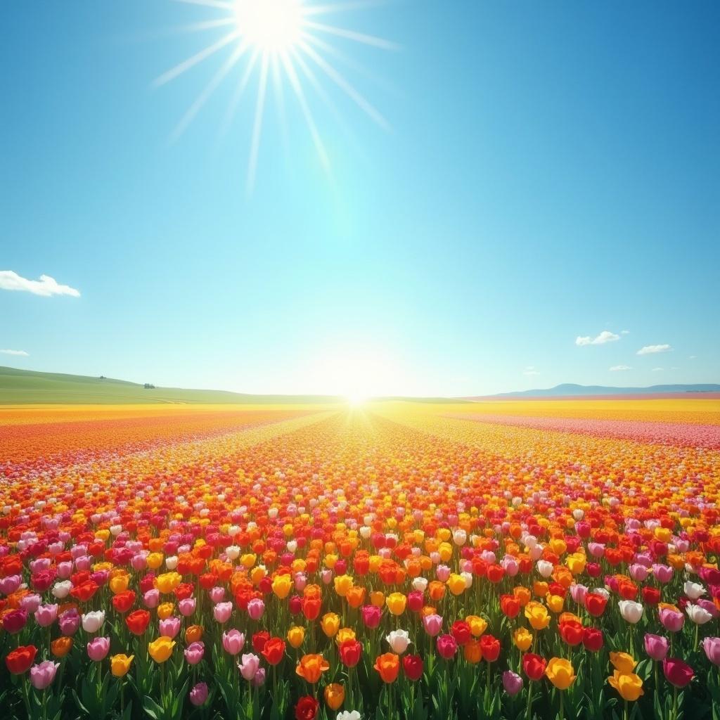 Wide view of a colorful flower field under a clear blue sky with sunlight