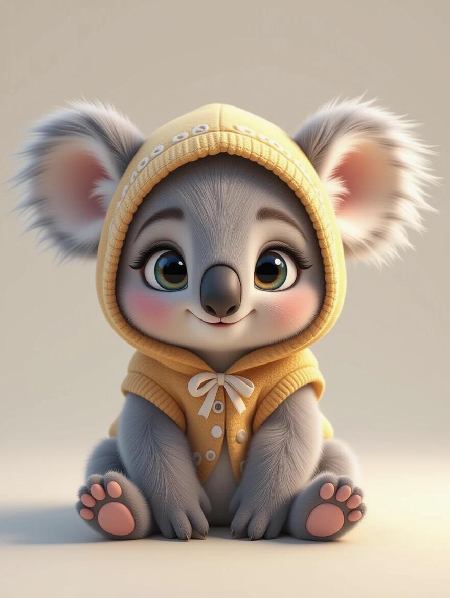 Baby koala character. Plushie with bright anime eyes. Wears a yellow hoodie. Shot in a white studio background. Soft lighting with gentle shadows.