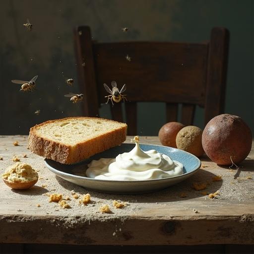 First-person perspective at a dusty table. Eating stale bread and sour yogurt. Table is littered with food husks. Flies buzzing around meal. Dust in the air. Tasting dust with food.