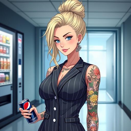 Anime character with a beautiful appearance standing in a corporate lobby. She has frosted blue eyes, an oversized blonde bun, and stylish tattoos. Dressed in a pinstriped office dress, holding a can of Pepsi. The futuristic office contains a vending machine and a luxurious atmosphere.