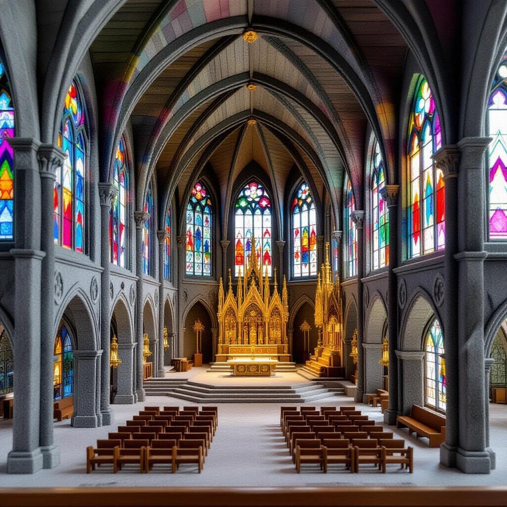 Detailed architectural model of a Gothic cathedral interior created using felt sheets. Features soaring gray arches with vibrant stained glass windows and a golden altar with intricate designs. Includes brown pews lined in rows. Flying buttresses are constructed from felt elements. Careful attention to craftsmanship and lighting accentuates the felt details.