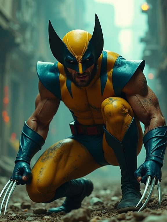 Wolverine crouched in an aggressive stance claws extended in a ruined city with dark gritty background rubble smoke focused on yellow and blue costume dirty and scratched face showing fierce expression