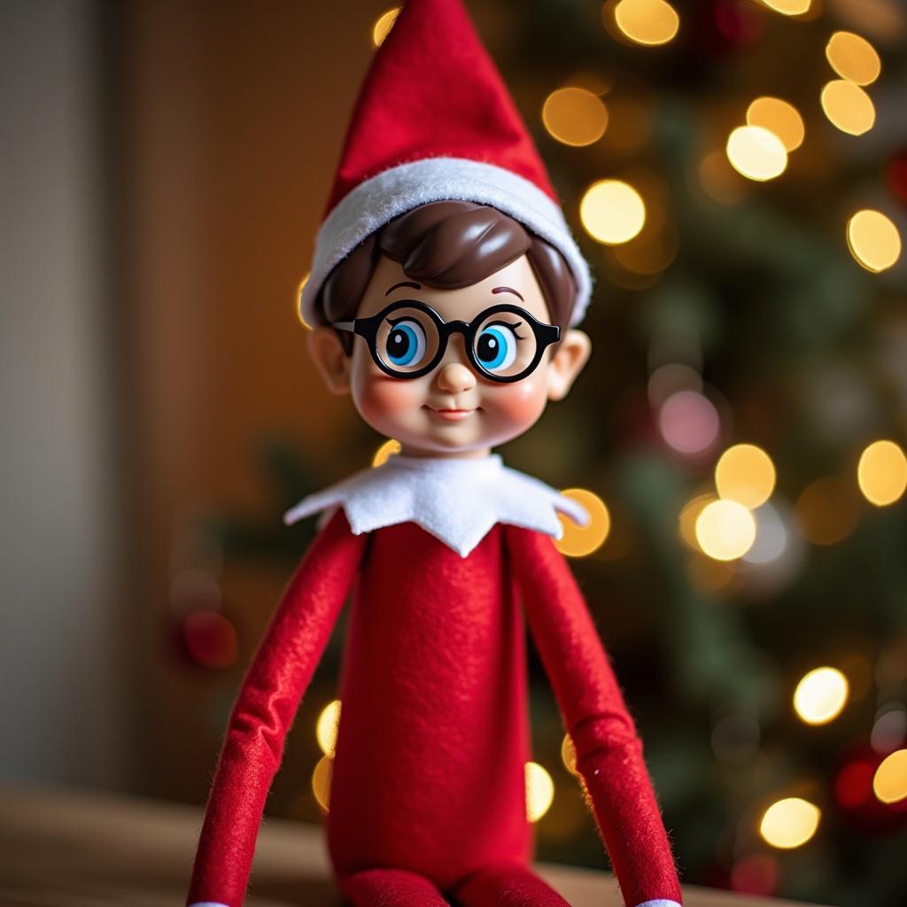 Christmas elf doll in festive attire. Child with brown hair and blue eyes. Child wearing glasses. Elf sitting in a cozy holiday setting.