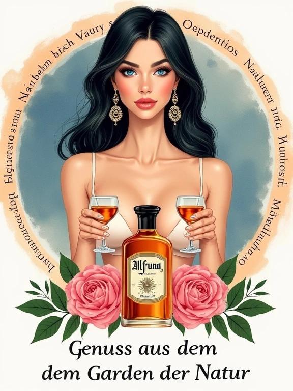 Digital illustration with a central topless female figure with long dark hair and fair skin. She holds two glasses filled with amber liquid. Ornate earrings adorn her ears. A circular watercolor background in blue and orange surrounds her. An apothecary bottle labeled 'Alfruno' is placed in front of her. Pink roses and green foliage are arranged at the base. Text at the bottom reads 'Genuss aus dem Garten der Natur - wild und besonders.' The composition is balanced and elegant.